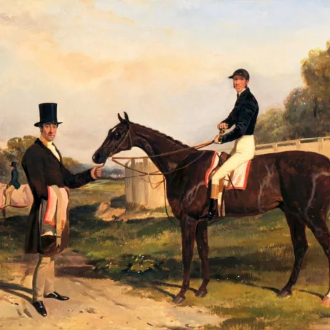 Image of a painting of a horse jockey and John Bowes