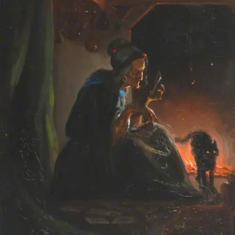 Image of an woman with a black cat besides a fire