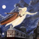 Scrooge and the Ghost of Christmas Past soar over the town on a moonlit Christmas Eve.