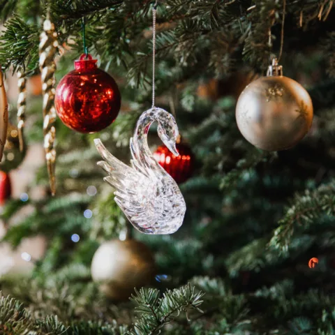 Festive decorations hanging on a Christmas tree