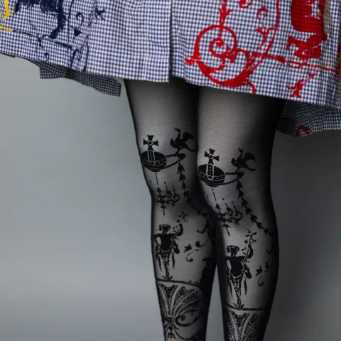Vivienne Westwood Gingham Painter's Smock embellished in foil and flock Boulle design, Boulle tights, Salon SS 1992