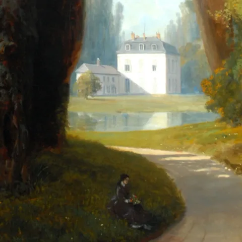 Painting of a serene landscape with a woman (Joséphine Bowes) seated in the foreground, holding flowers on a shaded path surrounded by greenery. In the background, a large white house (Chateau du Barry) is visible across a reflective pond, framed by trees and greenery. The 19th century painting is called ‘Chateau du Barry at Louveciennes’ by Joséphine Bowes.