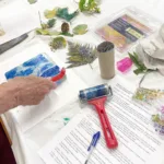 A roller that has been used to roll a pattern onto a gelli plate.