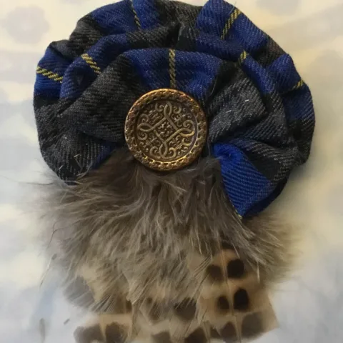 A blue tartan broach with a feather at the bottom.