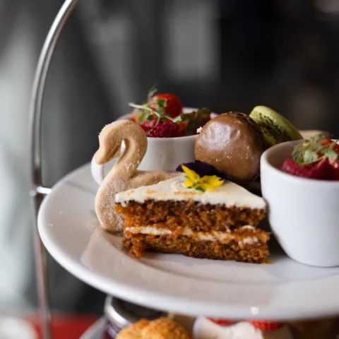 Close up of afternoon tea, including a swan biscuit and cake.