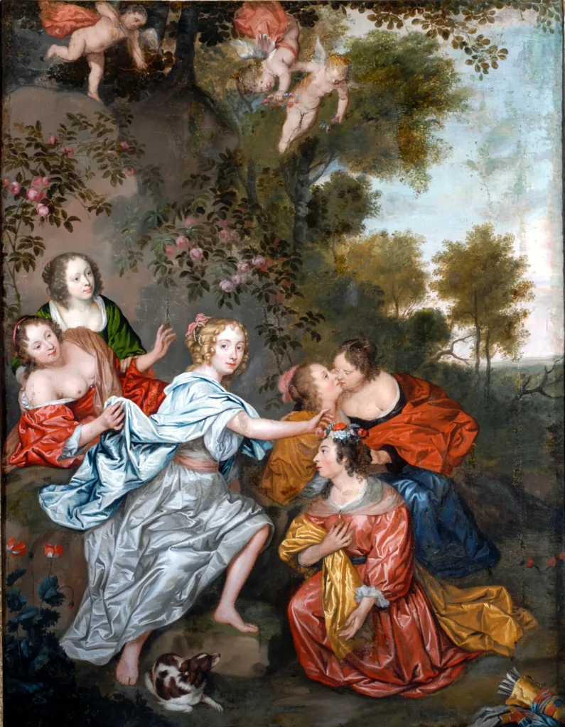 A painting depicting a lavish outdoor scene where a woman in a flowing silver-blue gown crowns a seated figure with flowers, surrounded by elegantly dressed women and cherubs hovering above.