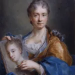 A painting of a woman in 18th-century attire holds a partially finished portrait sketch while looking directly at the viewer, suggesting she is both the artist and subject.