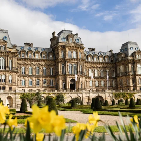 A grand historic building with ornate architecture, large windows, and a landscaped garden with blooming yellow daffodils in the foreground.