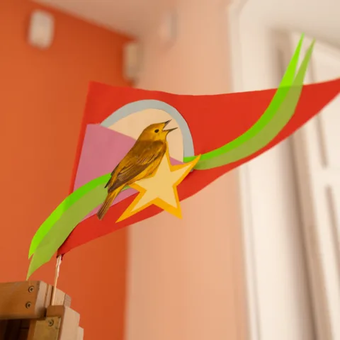 A close up shot of a colourful flag with a bid, star and other shapes on it