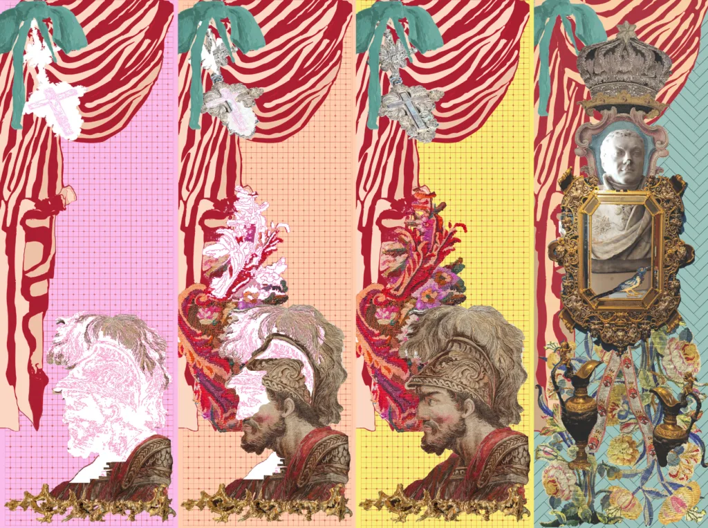A series of colourful flags in which the main image of a roman soldier's head gets more detailed