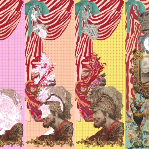 A series of colourful flags in which the main image of a roman soldier's head gets more detailed