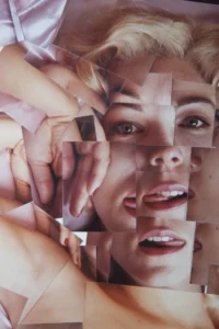 A surreal collage of a woman's face and hands composed of overlapping photo fragments, creating a disjointed and abstract visual effect.