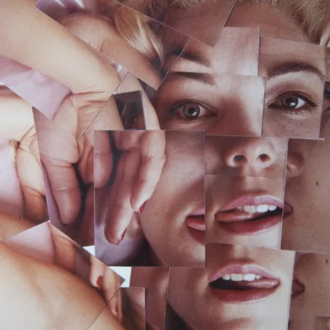 A surreal collage of a woman's face and hands composed of overlapping photo fragments, creating a disjointed and abstract visual effect.