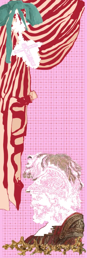 A vertical textile flag collage featuring a roman male soldier's profile overlaid with floral, abstract, and patterned elements on a striped and gridded background.