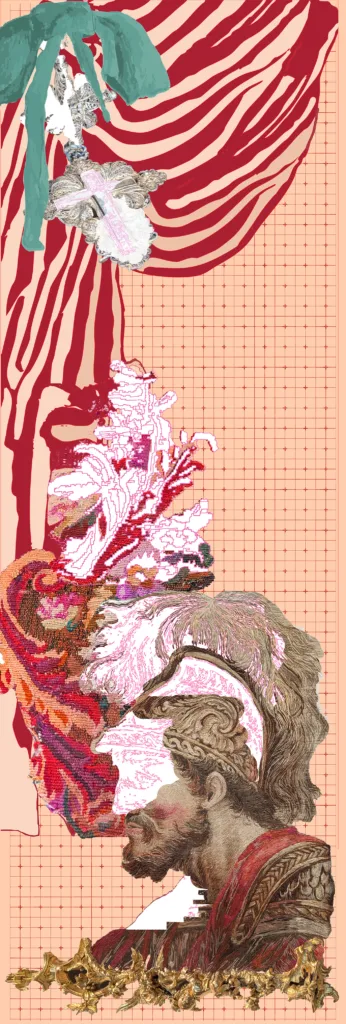 A vertical textile flag collage featuring a roman male soldier's profile overlaid with floral, abstract, and patterned elements on a striped and gridded background.