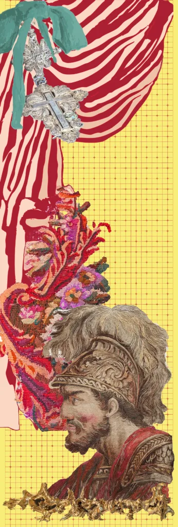 A vertical textile flag collage featuring a roman male soldier's profile overlaid with floral, abstract, and patterned elements on a striped and gridded background.