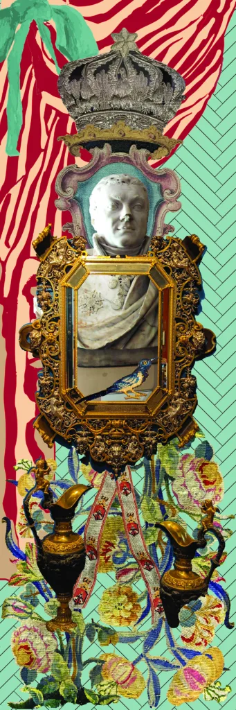 A vertical textile flag featuring objects of the museum's collection