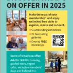 Front cover of Discover What's On leaflet with light green background, yellow square with QR code and images of people in the museum spaces