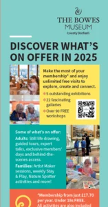 Front cover of Discover What's On leaflet with light green background, yellow square with QR code and images of people in the museum spaces