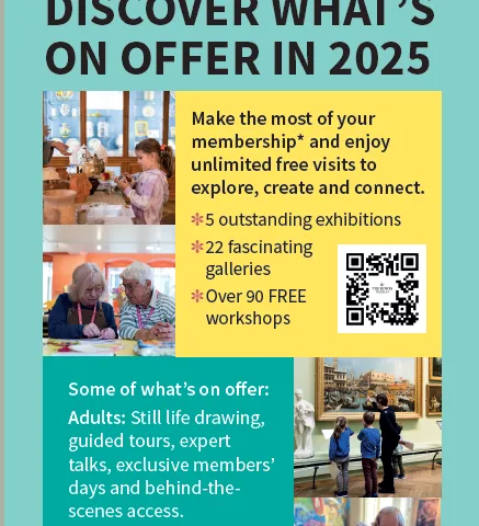 Front cover of Discover What's On leaflet with light green background, yellow square with QR code and images of people in the museum spaces