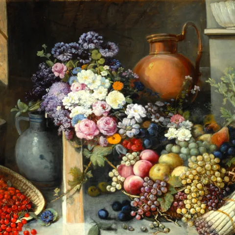 An opulent still life painting featuring a vibrant and overflowing arrangement of flowers, fruits, and vegetables set on a kitchen table. Roses, lilacs, and daisies burst from a central bouquet, surrounded by grapes, apples, peaches, asparagus, pumpkins, and red berries. Copper and ceramic vessels, along with a glimpse of a townscape through a window, complete the richly detailed and atmospheric composition.