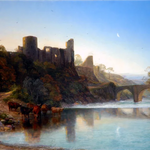 A painting of Barnard Castle and the River Tees at Sunrise