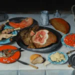 Still life painting titled Breakfast Piece, featuring a neatly arranged table wiith fish, bread and tomatoes