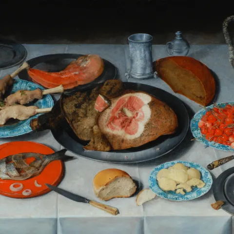Still life painting titled Breakfast Piece, featuring a neatly arranged table wiith fish, bread and tomatoes