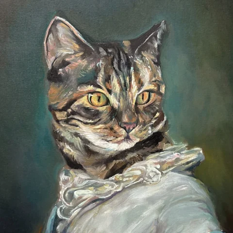 A painted portrait of a cat dressed in historical clothing, resembling an 18th-century aristocratic style. The cat has golden-yellow eyes and tabby fur, and is shown wearing a pale, ruffled gown with intricate folds and lace detailing. The background is dark and softly blended, drawing attention to the cat’s regal pose and expression.