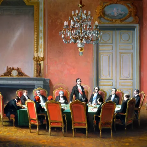 A painting depicting was a series of diplomatic meetings held in 1856 in Paris, France, to negotiate peace between the warring powers in the Crimean War that had started almost three years earlier.