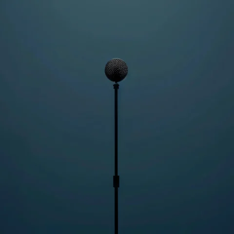 A single microphone on a stand stands centered against a dark, moody blue background with a cracked concrete floor, evoking a dramatic stage atmosphere.