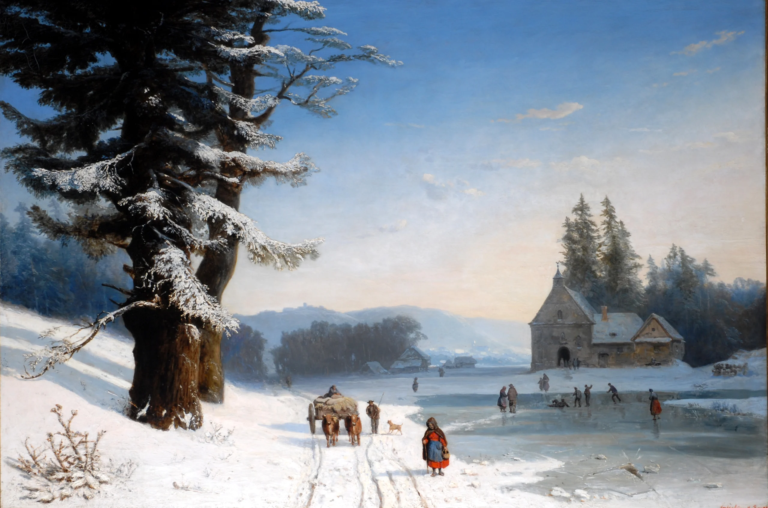 A painting of a snowy landscape scene
