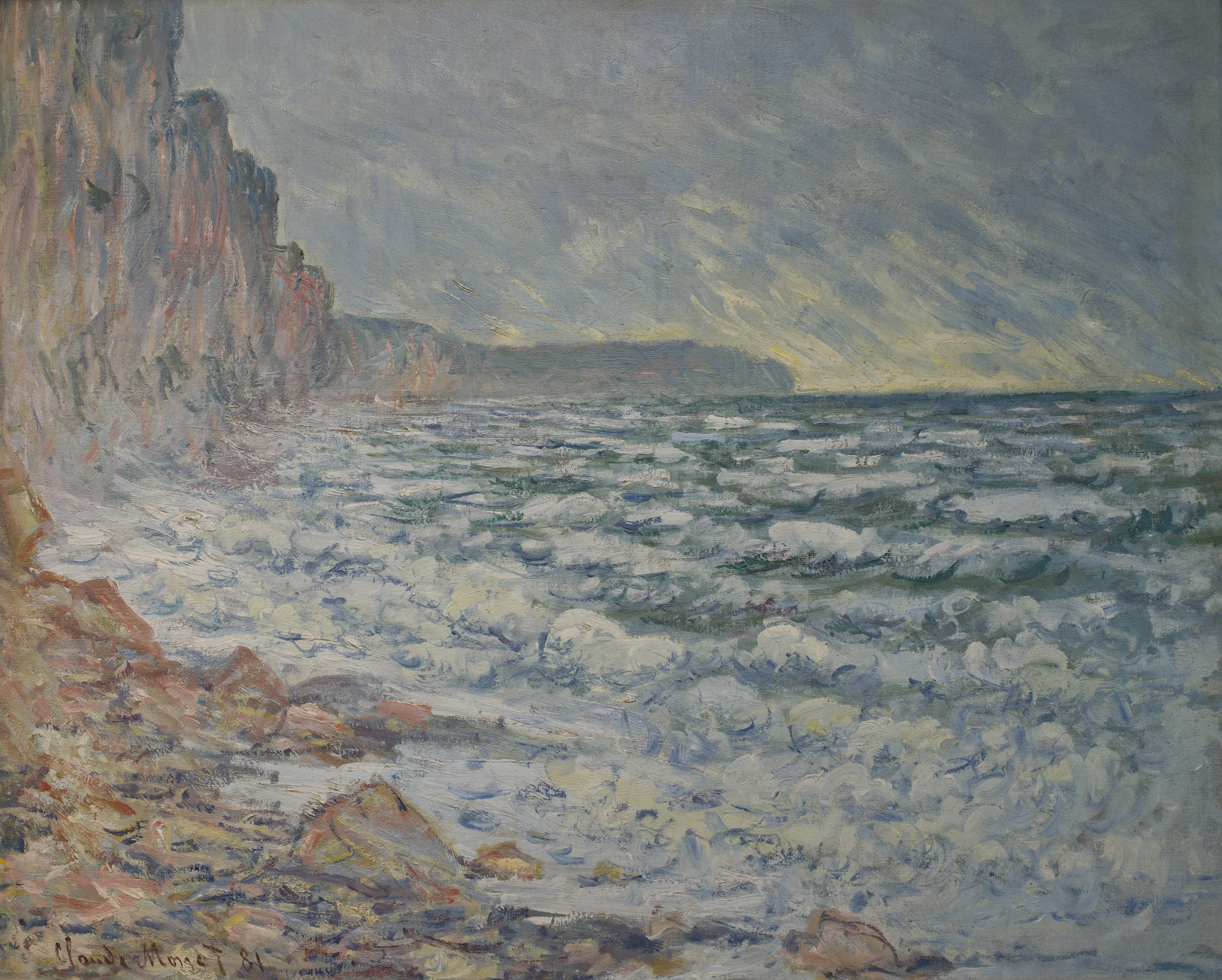 Impressionist seascape painting depicting a rocky shoreline with waves crashing against the coast. The left side shows steep cliffs in muted pink and brown tones, while the sea dominates the right with choppy, textured waves in shades of blue, green, and white. The sky above is overcast with streaks of yellow light near the horizon, suggesting a break in the clouds or approaching sunset.