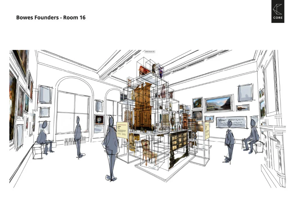 A sketch-style architectural rendering of a museum gallery titled “Bowes Founders – Room 16.” The room has high ceilings, arched windows, and walls lined with framed artworks. At the center is a tall, multi-level transparent display structure filled with various objects. Several simplified human figures are shown observing the exhibits. The illustration has a loose, hand-drawn style with light colours and outlined forms.