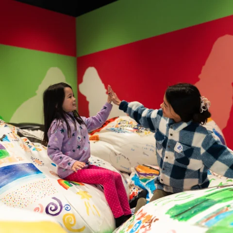 Two children sit on large, colourful, painted cat and dog squishees and give each other a high-five in a brightly decorated room with green and red walls. They are smiling and appear to be having fun in a playful, creative environment.