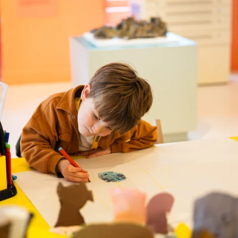 A child sits at a bright yellow table drawing on a large sheet of white paper with a red marker. The child leans forward with one arm resting on the table while drawing a small coloured shape near the centre of the page. Containers filled with coloured pens and pencils sit on the table to both sides. In the foreground are small cardboard cut‑out shapes, and in the background a display plinth holds an object within a well‑lit indoor museum or gallery space.
