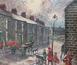 A painted street scene shows rows of terraced houses under a cloudy sky, with people walking along a curved road, a horse-drawn cart, and figures gathered on the pavement.