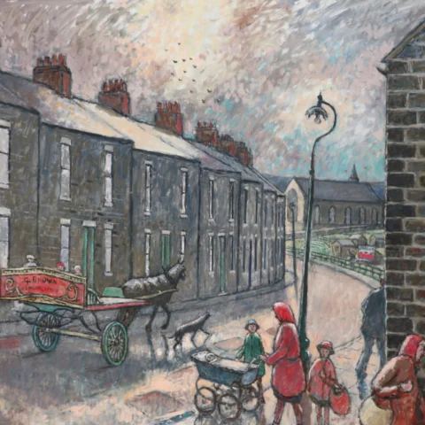 A painted street scene shows rows of terraced houses under a cloudy sky, with people walking along a curved road, a horse-drawn cart, and figures gathered on the pavement.