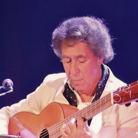A musician sits on a stage playing an acoustic guitar while seated on a black stool. The performer wears a light-coloured suit, and purple stage lighting illuminates the scene. Microphones are positioned near the guitar, and the polished wooden stage floor reflects the coloured lights.