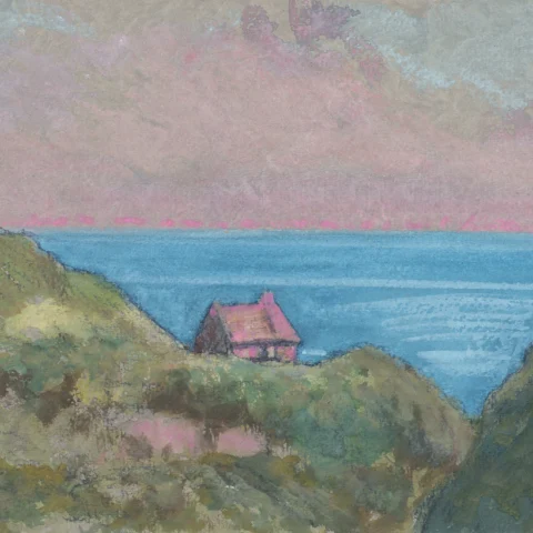 A landscape painting shows a small pink-roofed cottage nestled among rolling green coastal hills overlooking a vivid blue sea. The foreground is filled with soft brushstrokes of green, cream, and pink vegetation, while the calm water stretches to the horizon beneath a dramatic sky of pink, lavender, and grey clouds. The composition draws the eye towards the cottage and coastline, creating a tranquil impression of a seaside landscape.