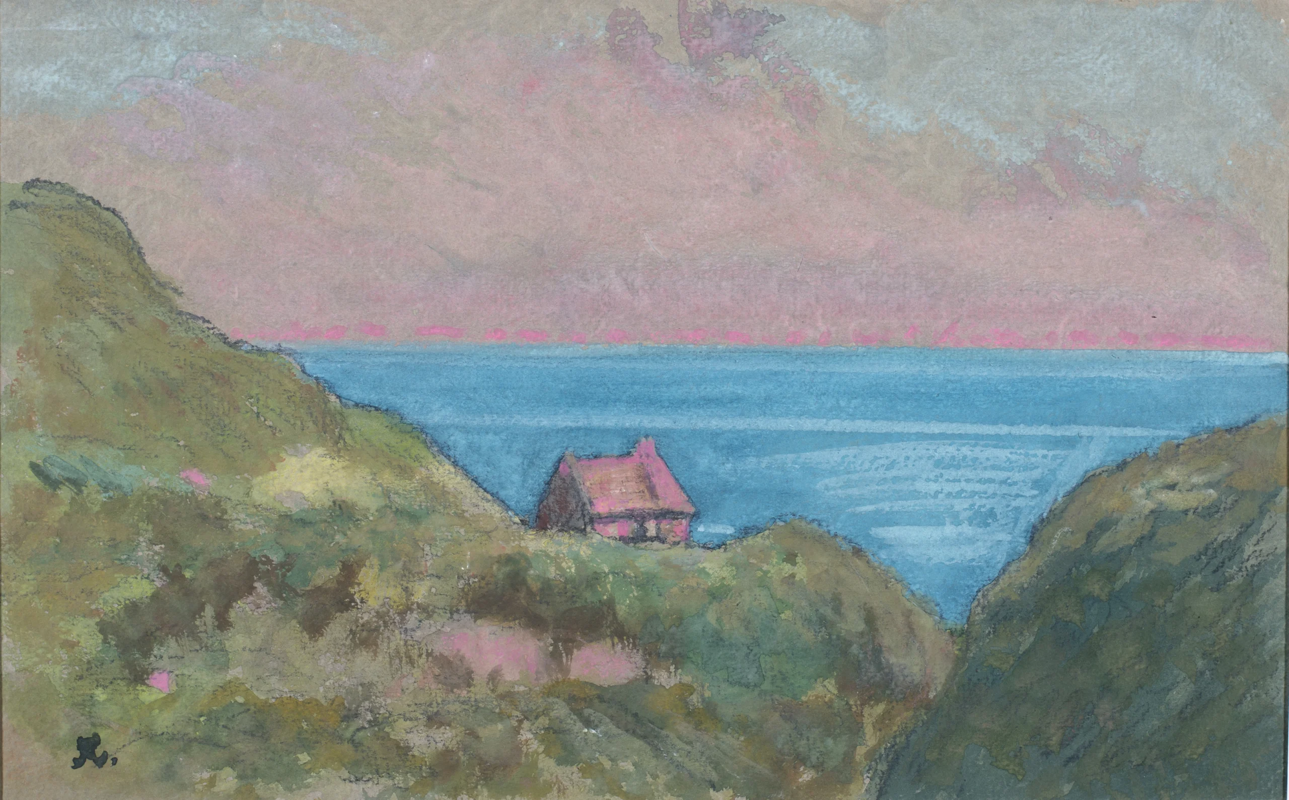 A landscape painting shows a small pink-roofed cottage nestled among rolling green coastal hills overlooking a vivid blue sea. The foreground is filled with soft brushstrokes of green, cream, and pink vegetation, while the calm water stretches to the horizon beneath a dramatic sky of pink, lavender, and grey clouds. The composition draws the eye towards the cottage and coastline, creating a tranquil impression of a seaside landscape.